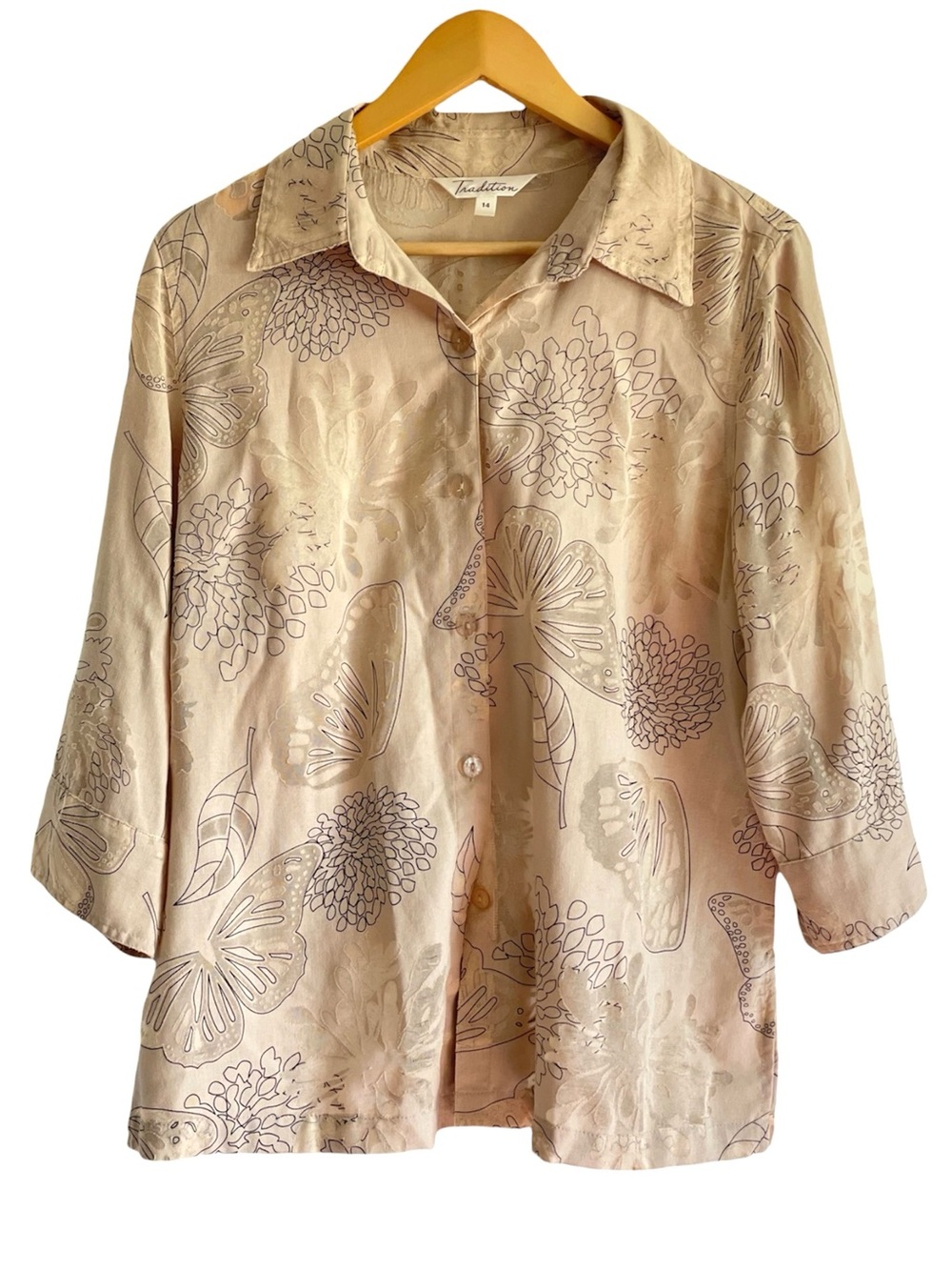 Tradition Floral Burnout Linen Blend Button Front Blouse Sz 14 Coastal Grandma
